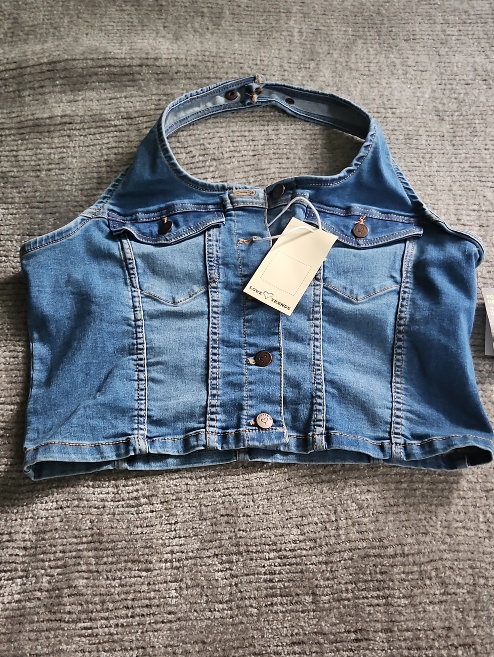 Denim Halter Crop Top in Blue